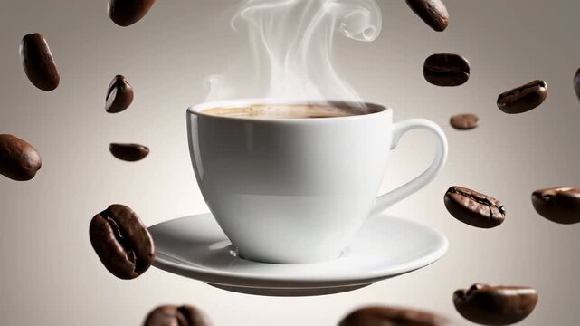 Delicious hot espresso in a white cup, with steam rising gracefully as roasted coffee beans float and fall around it, celebrating the aroma and energy of a fresh brew against a clean background