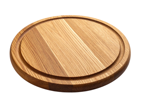 Wooden cutting board, circular, with textured surface and a recessed groove