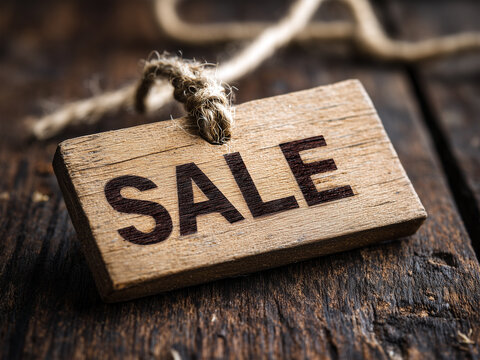 Wooden tag with the word "SALE" engraved on it, hanging on a rustic rope over a dark wooden background. Perfect for shop, discount, or marketing concepts.
 - Powered by Adobe