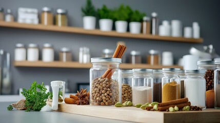 A wooden spice rack filled with glass jars of dried spices, with a jar of cardamom pods prominently displayed, surrounded by other aromatic spices like cinnamon and cloves