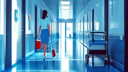 Dedicated healthcare professional or support staff member navigating a brightly lit, sterile hospital corridor with essential equipment, embodying the constant activity within a medical facility