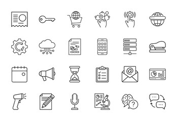 Fototapeta premium Business and technology line icon set. Vector pictograms of receipt, key, shopping, cloud, mobile, server, calendar, email, charts, and messaging, thin linear illustration.