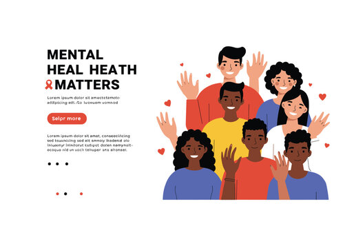 Mental, health, awareness, illustration, diverse, group, unity, support, care, emotions, smiling, hearts, ribbon, campaign, message, inclusive, people, wellness, background, poster