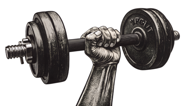 Hand holding a heavy black dumbbell, representing fitness and strength training. Isolated on transparent background, png
