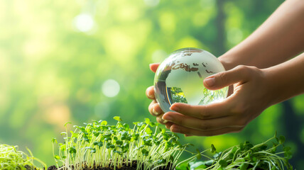 A close-up photograph of hands cradling a clear glass globe against a bright green natural background.