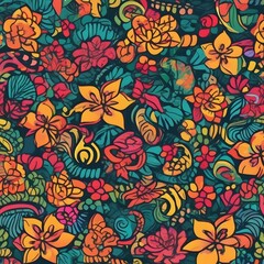 Vibrant Tropical Bloom Pattern Lively Floral Ornamentation Intricate Botanical Design Exuberant Garden Motif Seamless Wallpaper