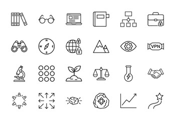 Business, education, and technology line icon set. Vector pictograms of books, laptop, briefcase, compass, microscope, handshake, graph, and gemstone, thin linear illustration.