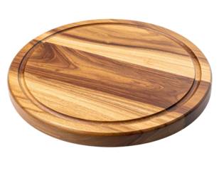 Close-up of a circular wooden cutting board with a recessed groove on a black background