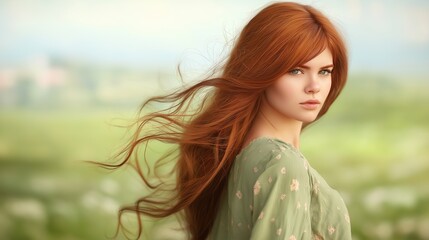 A woman with vibrant red hair, wearing a light green dress, standing in a field of tall grass, with the sun setting in the background