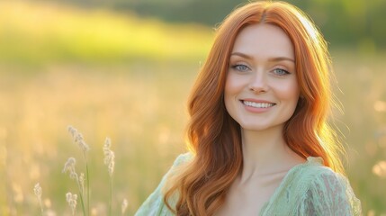 A woman with vibrant red hair, wearing a light green dress, standing in a field of tall grass, with the sun setting in the background