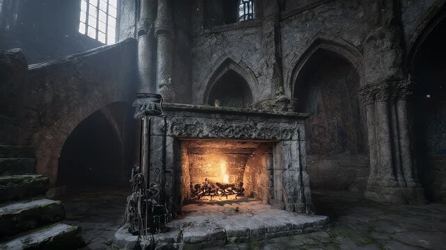 Atmospheric Gothic Hall with Grand Fireplace and Stone Staircase.