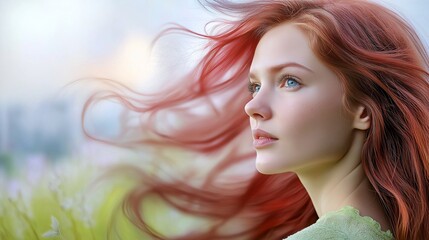 A woman with vibrant red hair, wearing a light green dress, standing in a field of tall grass, with the sun setting in the background