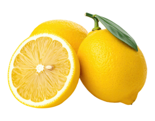 Group of bright yellow citrus fruits, one halved, with a green leaf against a black background