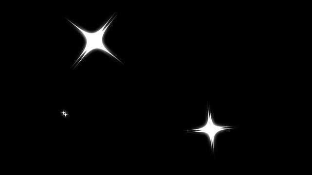 Shiny glittering stars twinkle animation, cartoon doodle sparkles and glowing flare lines, white vector stars blinking 4K black screen background.
