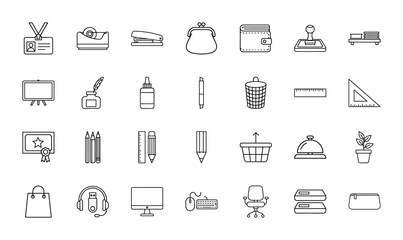 Office and education line icon set. Vector pictograms of ID card, stapler, wallet, whiteboard, pencils, diploma, headphones, and office chair, thin linear illustration.