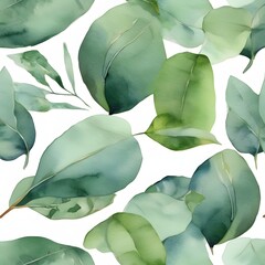 Green Eucalyptus Leaves Seamless Pattern Watercolor Style White Background Botanical Foliage Texture