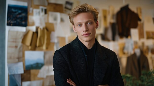 Art director standing amid walls covered with sketches, concept boards, and color palettes, analyzing creative chaos — concept of visual innovation, emotional creativity, artistic problem-solving,