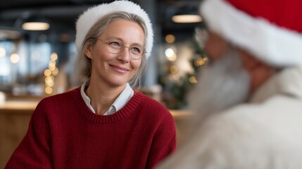 Santa entrepreneur negotiating a partnership deal over coffee in a sleek coworking space decorated with subtle holiday touches — concept of festive networking, entrepreneurship during holiday