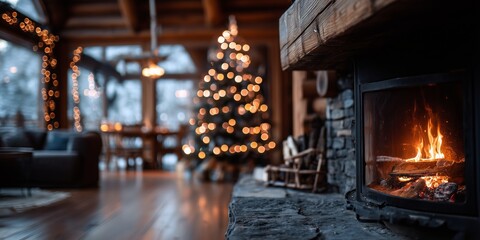 Naklejka premium Cozy wooden cabin living room with roaring stone fireplace and bokeh-lit Christmas tree in warm glow. Rustic holiday hearth comfort, inviting festive winter sanctuary vibe.