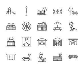 City infrastructure and public services line icon set. Vector pictograms of playgrounds, street lamps, parks, fire stations, parking, and transportation, thin linear illustration.