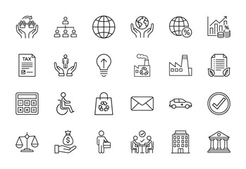 Business, finance, and social line icon set. Vector pictograms of global economy, tax, industry, calculator, money, care, and corporate buildings, thin linear illustration.
