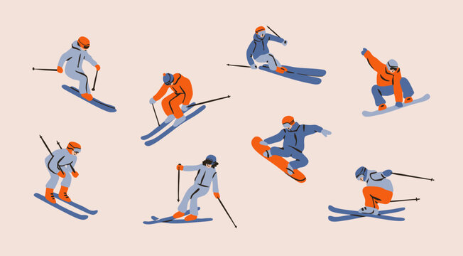 Set of Skiers, Snowboarders in motion. Sportsmen in different poses. Winter sports, extreme outdoor activity concept. Hand drawn Vector illustration. Isolated design elements