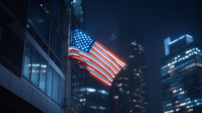 USA flag stylized as neon lights on an urban downtown street at night, glowing against contemporary architecture, representing modern American cityscape, urban patriotism, and vibrant night-time