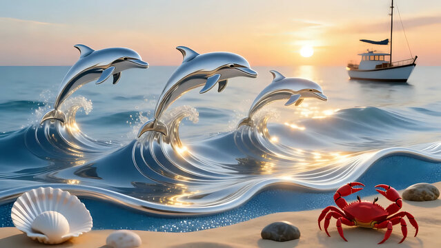 Dolphins jumping in sea - Powered by Adobe
