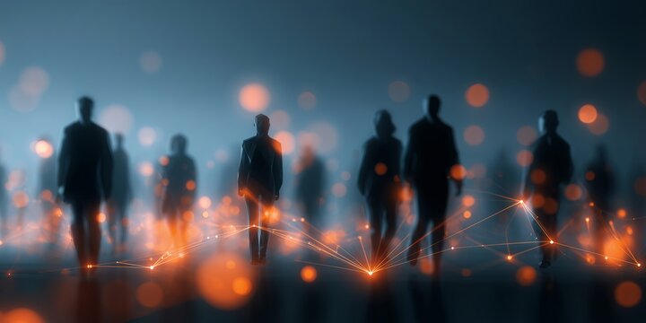Silhouetted people connected by glowing orange network lines against blue bokeh city lights background. Conceptual human-technology interconnection, futuristic digital society linkage vibe.