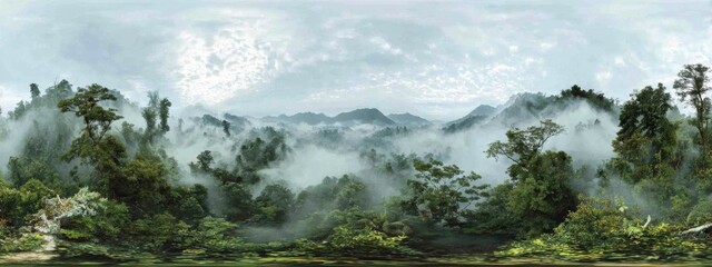 Fototapeta premium Serene View of a Dense Rainforest Canopy with Morning Mist and Lush Greenery Under a Softly Cloudy Sky