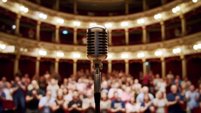 Microphone center stage, audience clapping in theatre. Used for live performance, concert, or announcement