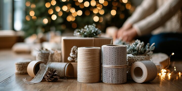 Rolls of plaid, gold and star-patterned wrapping paper beside stacked presents with blurred twinkling tree lights. Festive gift wrapping session, merry holiday craft vibe.