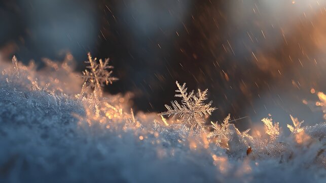 Close up of delicate snowflake and frost crystals illuminated by warm dawn light with falling precipitation