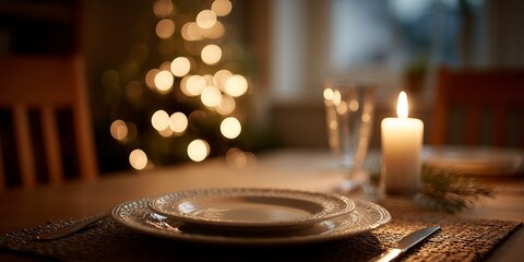 Single place setting with candle glass plate fork on table twinkling tree background. Poignant solo Christmas dinner, quiet holiday solitude vibe.