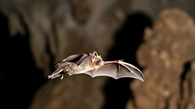 Graceful bat flying through cave: detailed wing movement in nocturnal environment