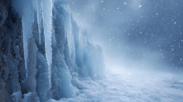 Close up of glistening icicles hanging from a frozen surface with soft snowfall in a serene winter landscape - Powered by Adobe