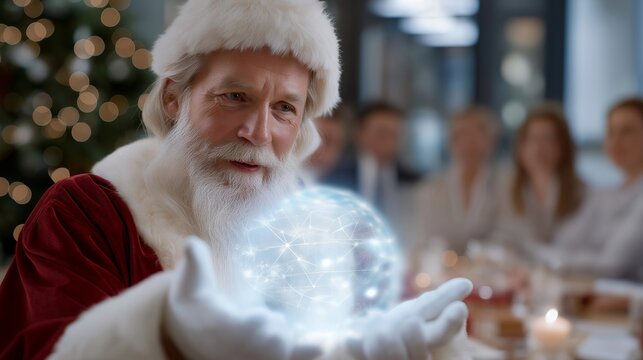 Santa presenting quarterly results on a holographic screen to a smiling office team surrounded by Christmas décor — representing business celebration, innovation, and positive team culture under