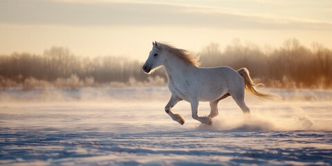 White horse galloping through snowy field at golden winter sunrise with flowing mane and misty frost. Majestic freedom run, inspiring cold season dawn vibe full of power and serenity.