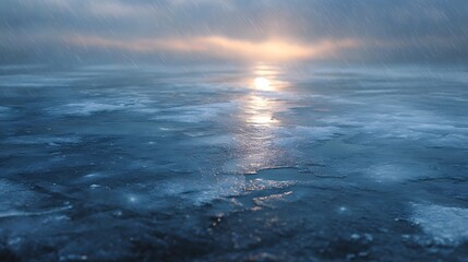 Fototapeta premium A vast icy surface with falling rain under a dramatic twilight sky with a glowing horizon reflection