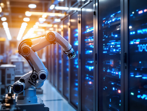 Robotic arm in a futuristic data center with vibrant lighting effects - Powered by Adobe