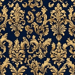 Ornate Gold Damask Pattern on Deep Blue Background, Elegant Baroque Floral Scrollwork Vintage Decor Luxury Fabric Design