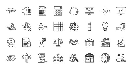Business management line icon set. Vector pictograms of network, time, finance, delivery, security, factory, shipping, charts, strategy, collaboration, and ideas, thin linear illustration.