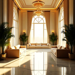 Elegant Luxury Living Room Interior with Golden Chandelier and Sunlight.