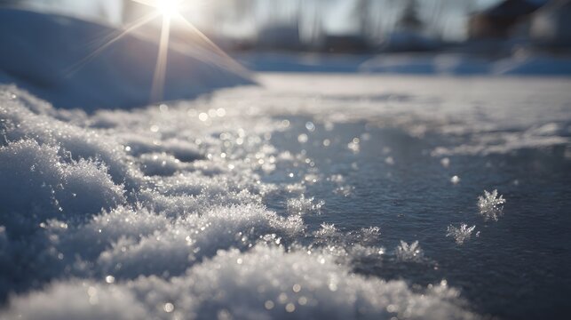 Close up of delicate ice crystals and snowflakes on a frozen surface illuminated by bright sunlight