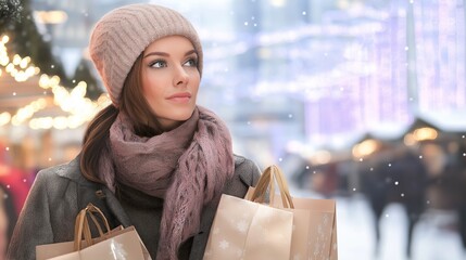 A woman in a winter coat and scarf, holding several shopping bags filled with holiday gifts, walking through a snowy outdoor market with festive lights and decorated stalls