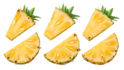 Set of six fresh tropical pineapple fruit pieces or triangular wedges. Isolated on transparent background, png
