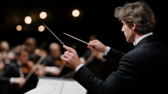 Wide-angle view of human conductor gesturing toward AI-generated holographic instruments while orchestra responds — representing cutting-edge music production, technology-enhanced creativity, and
