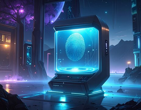 Futuristic fingerprint scanner with holographic display in night scene