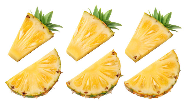 Set of six fresh tropical pineapple fruit pieces or triangular wedges. Isolated on transparent background, png
