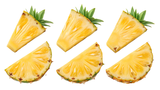 Set of six fresh tropical pineapple fruit pieces or triangular wedges. Isolated on transparent background, png
